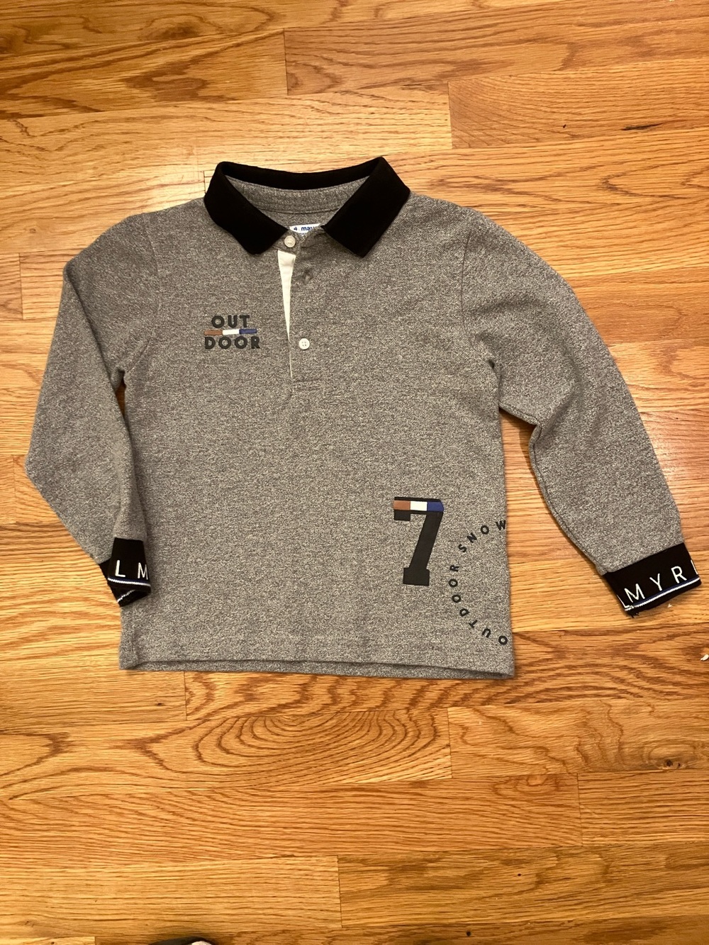 Boys Mayoral Grey Long-Sleeve Polo with Black Collar and Cuff Detail